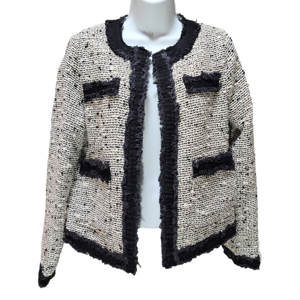 Democracy Denim Trim Bouclé Tweed Jacket Long Sleeve Open Front White/Black S